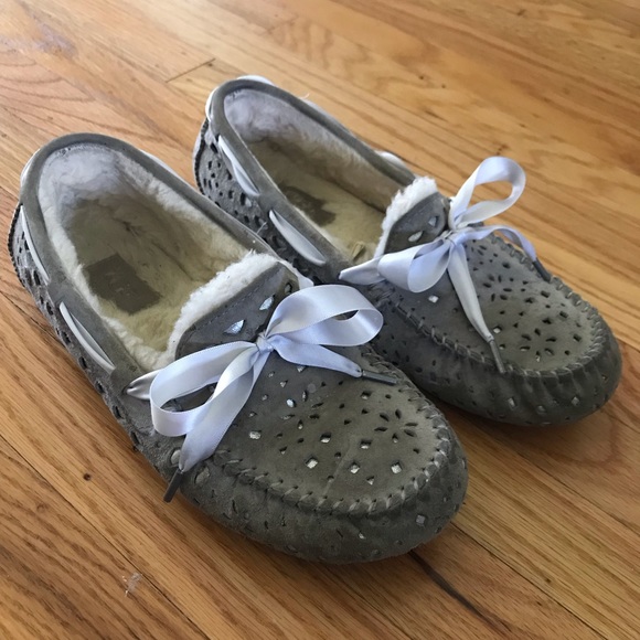 UGG Shoes - UGG | LASER CUT RIBBON MOCCASINS GRAY BOW SLIPPERS
